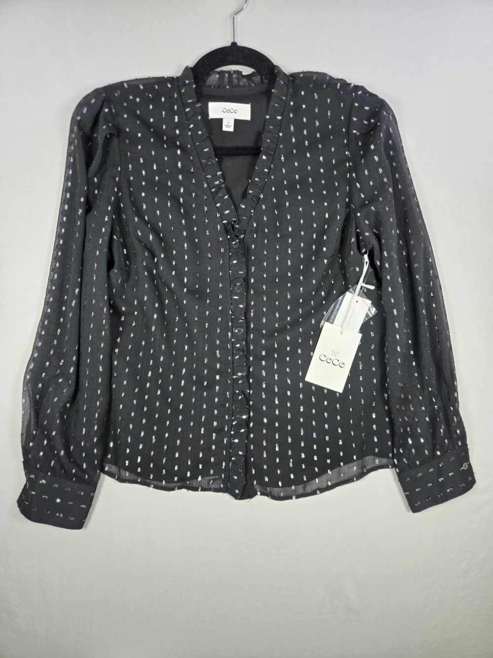 NWT CeCe Sheer Black Metallic Dash Ruffle V-Neck Business Evening Blouse Size M
